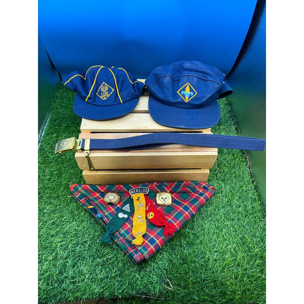 Vintage Cub Scout Memorabilia Lot (Neckerchiefs, Slides, Belt & Caps)
